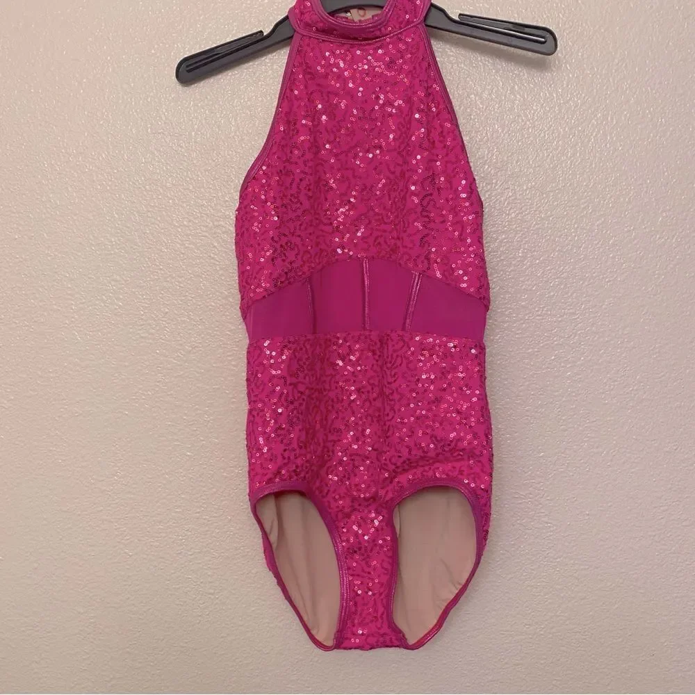 WEISSMAN Balera Dance costume hot pink Sequin Caged Waist Leotard SQ13185 LC